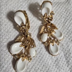 Trifari Gold and White Floral Earrings